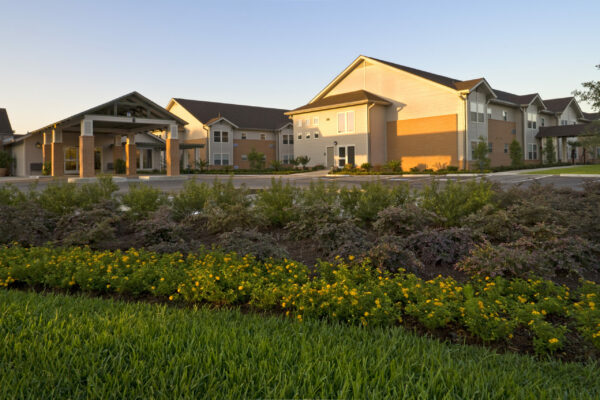 A view of the Holly Hall complex at sunrise.