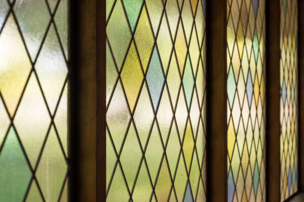 Stained glass windows in Holly Hall Chapel.